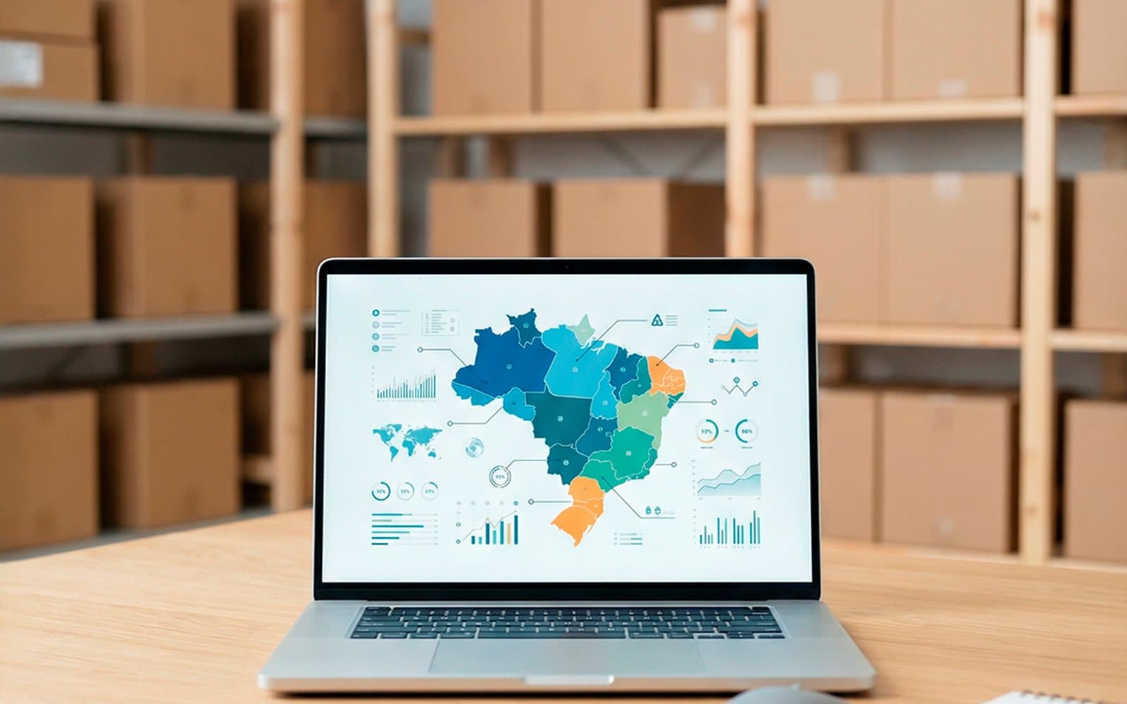 Mapa do Brasil na tela, com volumes ao fundo