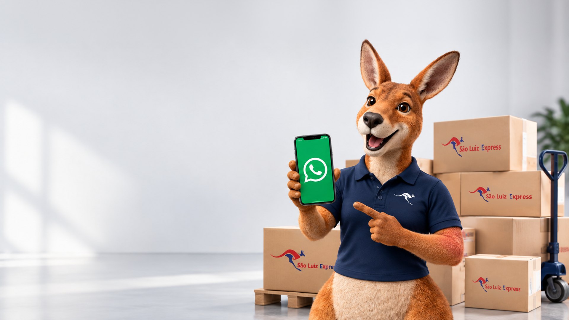 Mascote da São Luiz apontando o WhatsApp, com as caixas da marca ao lado